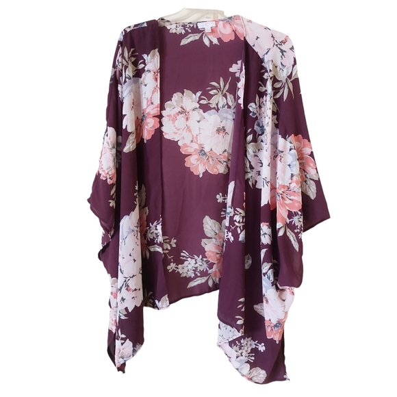 Charming Charlies Burgundy Floral Sheer Asymmetric Open Front Elegant Kimono - Picture 1 of 8